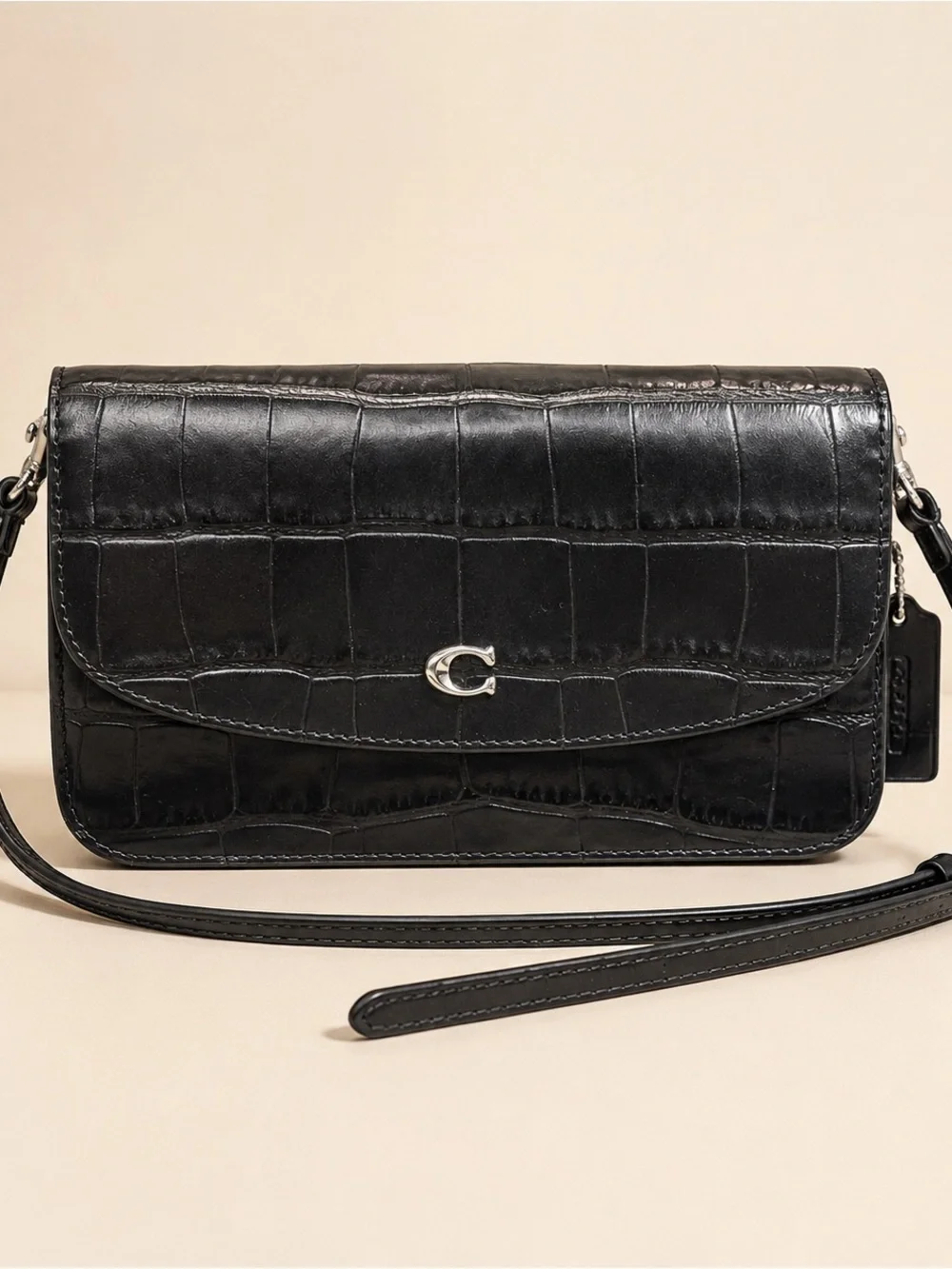Coach Black Croc-Embossed Leather Crossbody Wallet